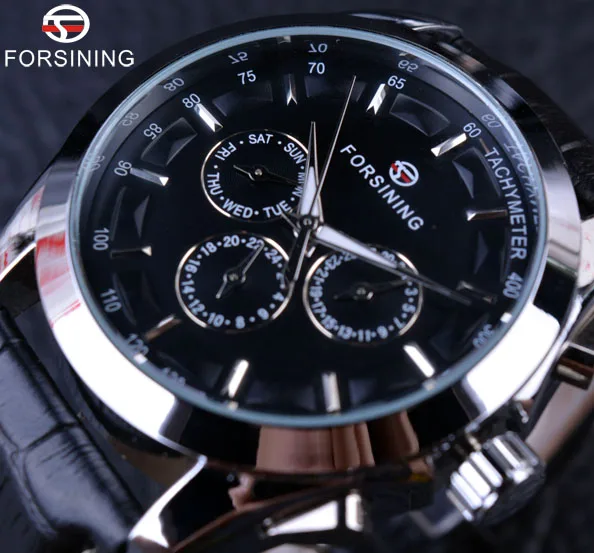 Black Silver Forsining, деловые часы серии Time, черный ремешок из натуральной кожи, 3 циферблата, 6 стрелок, мужские часы, Лидирующий бренд, Роскошные автоматические часы, мужские часы - Цвет: Black Silver