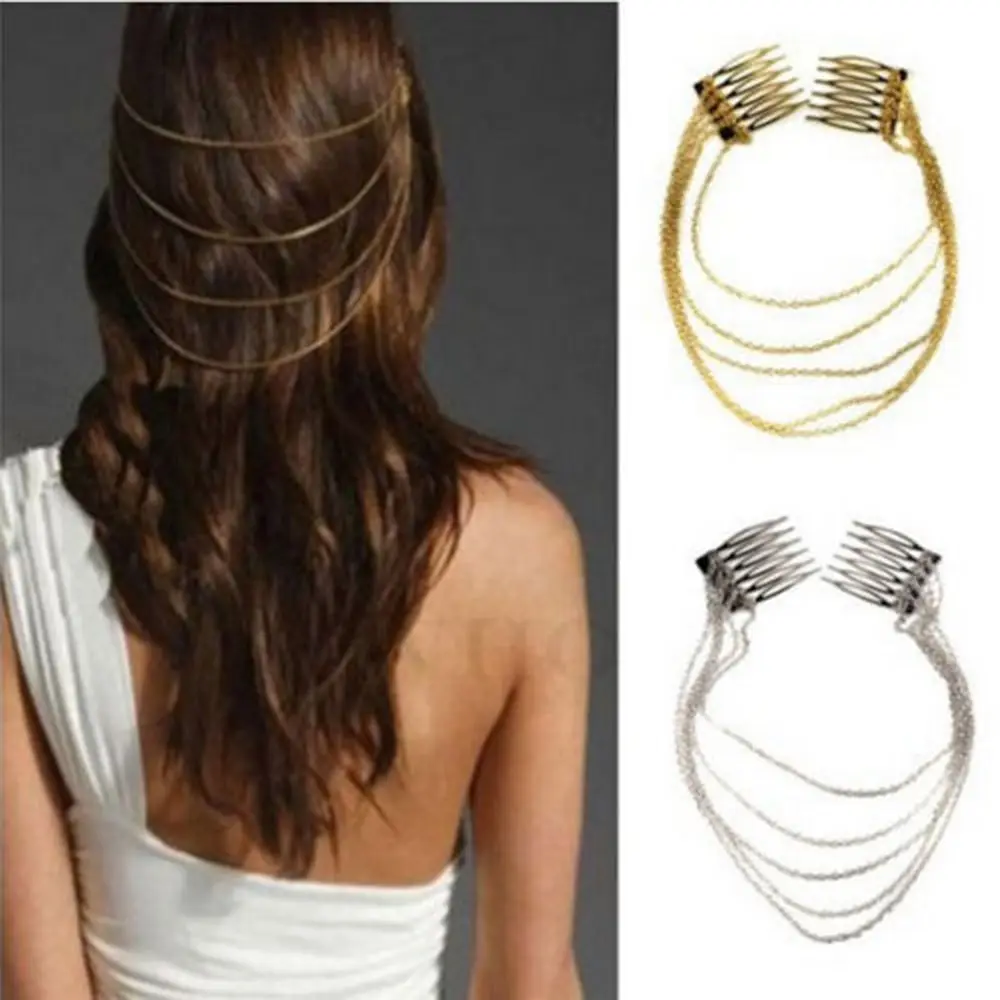 2022 New Fashion Women Hair Accessories Five Layers Tassel Chain Headband Clip Hair Comb Bridal Leaf Headwear Metal Hair Claw