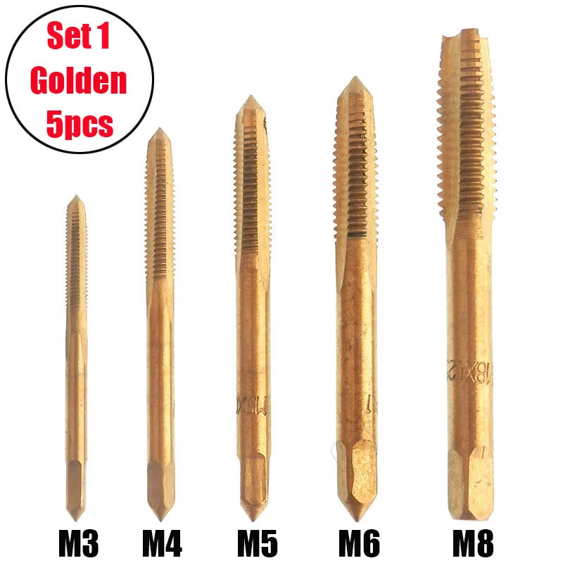 Set1 5pcs Golden 7 шт. винтовой кран M3 M4 M5 M6 m8 m10 m12 прямой рифленый ручной винт Резьба Ручной кран Метрическая вилка набор сверл ручные инструменты - Цвет: Set1 5pcs Golden