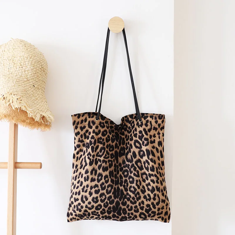 

Retro Leopard Grain Shoulder Bags Reusable Shopper Bag Women Grocery Canvas Crossbody Shopping Handbags Large Capacity Totes