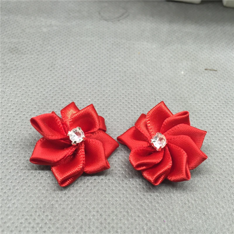 

50pcs Satin Ribbon Flower with Crystal Bead Appliques red