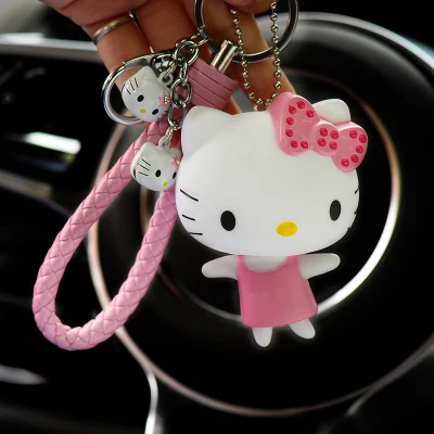 Милый мультяшный брелок hello kitty из кроличьего меха с помпонами, помпонами, брелок для женщин с кожаным ремешком, металлическое кольцо для ключей, цепочка для автомобильных сумок, брелок D35A