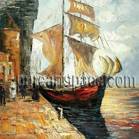 

Boat by the riverside Palette knife Hand Painted oil painting Impression Sailing boat Canvas Painting for Home Wall Art