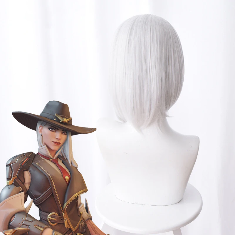 OW New Hero Cosplay Hair Эш Косплей головные уборы игры Overwatch 35 см серебристо белые