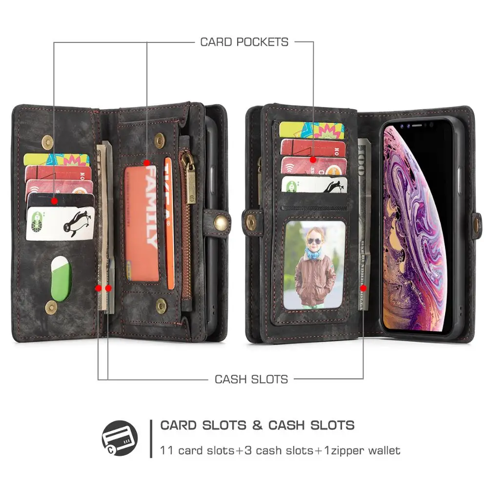 detachable zipper wallet magnetic phone cases for iphone xs max xr 10 genuine leather folio cover for iphone 6 6s 7 8 plus 8plus free global shipping