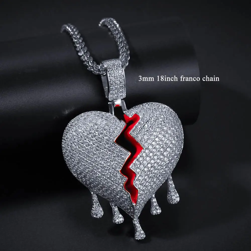 Хип-хоп AAA CZ кубический цирконий Bling Iced Out сломанная вода падение Сердце Подвески ожерелье для мужчин раппер ювелирные изделия золото серебро - Окраска металла: 18inch franco chain