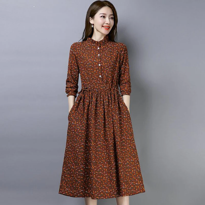 Spring Plus Size A-line Dress 2019 New Women Cotton Linen Casual Floral Printed Dresses Long Sleeved Slim Vintage Vestidos | Женская
