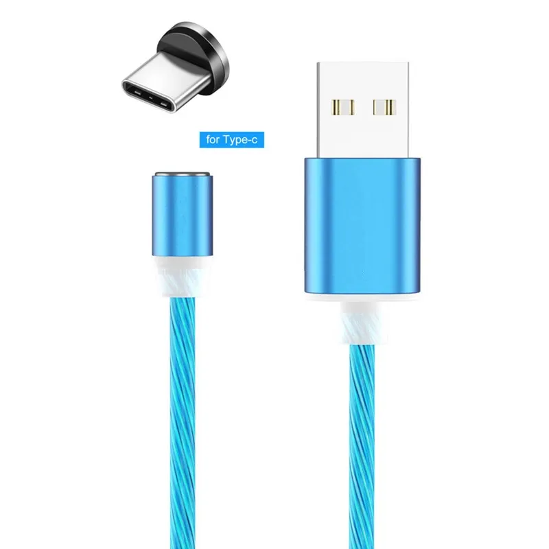 Светодиодный светящийся потока Магнитный USB кабель для передачи данных для iPhone X Xs Max Магнит Micro Тип usb C провод для Samsung Galaxy S9 S10 A50 Xiaomi huawei - Цвет: Blue with Type C
