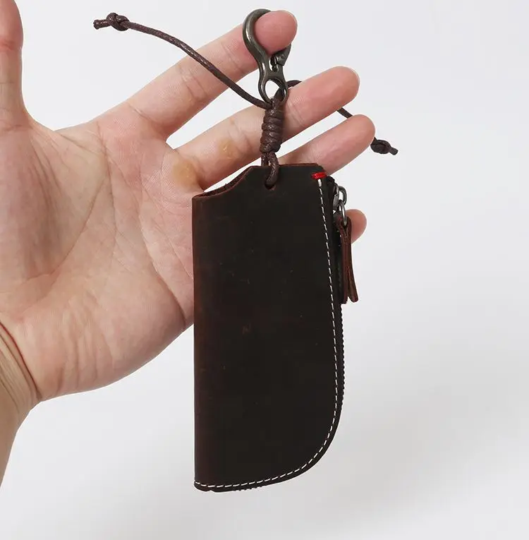 Dark Brown SIMLINE, винтажный держатель для ключей ручной работы из натуральной кожи, мужской кошелек Crazy Horse на молнии, чехол для ключей от автомобиля, органайзер, ключница, сумка - Цвет: Dark Brown