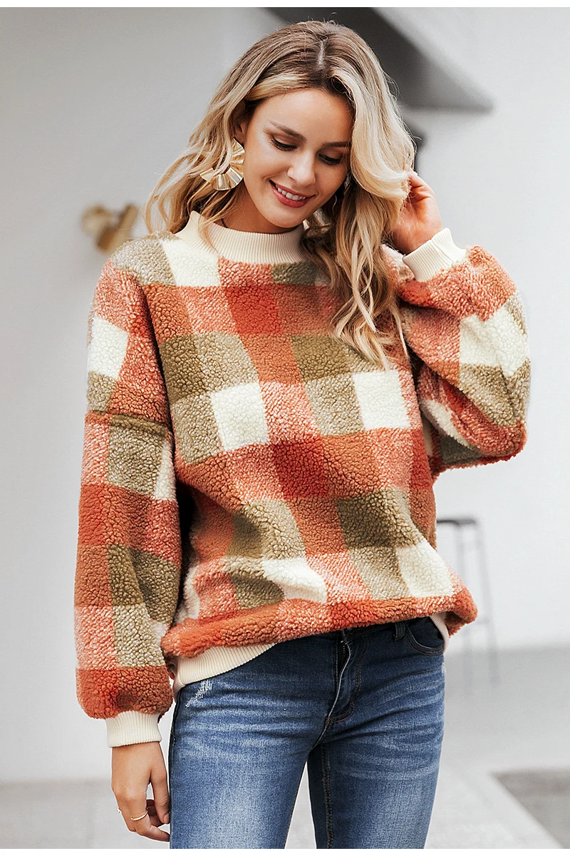 Simplee Casual lambswool plaid women hoodies sweatshirts O neck pullover loose female sweatshirt Autumn winter ladies warm coat