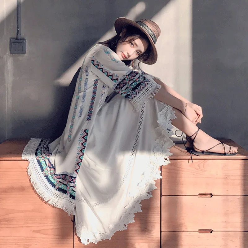 Богемный стиль летний P длинный кардиган кимоно Топы повседневные Boho Хиппи вышивка кисточкой женские рубашки женские топы