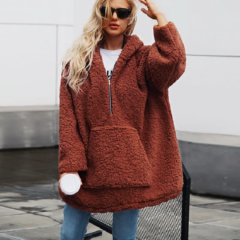 Womens Autumn Winter Fleece Fur Coat Lambswool Hooded Hoodies Oversize Sweatshirt Soft Shaggy Outerwear Pullover Plus 3X 6Q2156