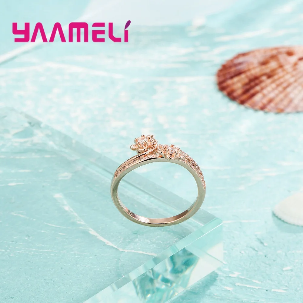 

Best Rose Gold Color Finger Rings For Women Girls Bright Cubic Zircon Crystal Gift Beautiful Flower Design