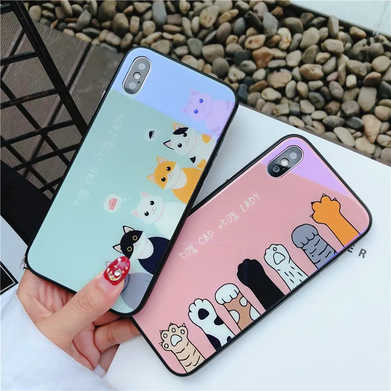 I7 милый мультяшный Кот стеклянный чехол для телефона на iPhone 7 жесткий iPhone7 6 6s 8 Plus X
