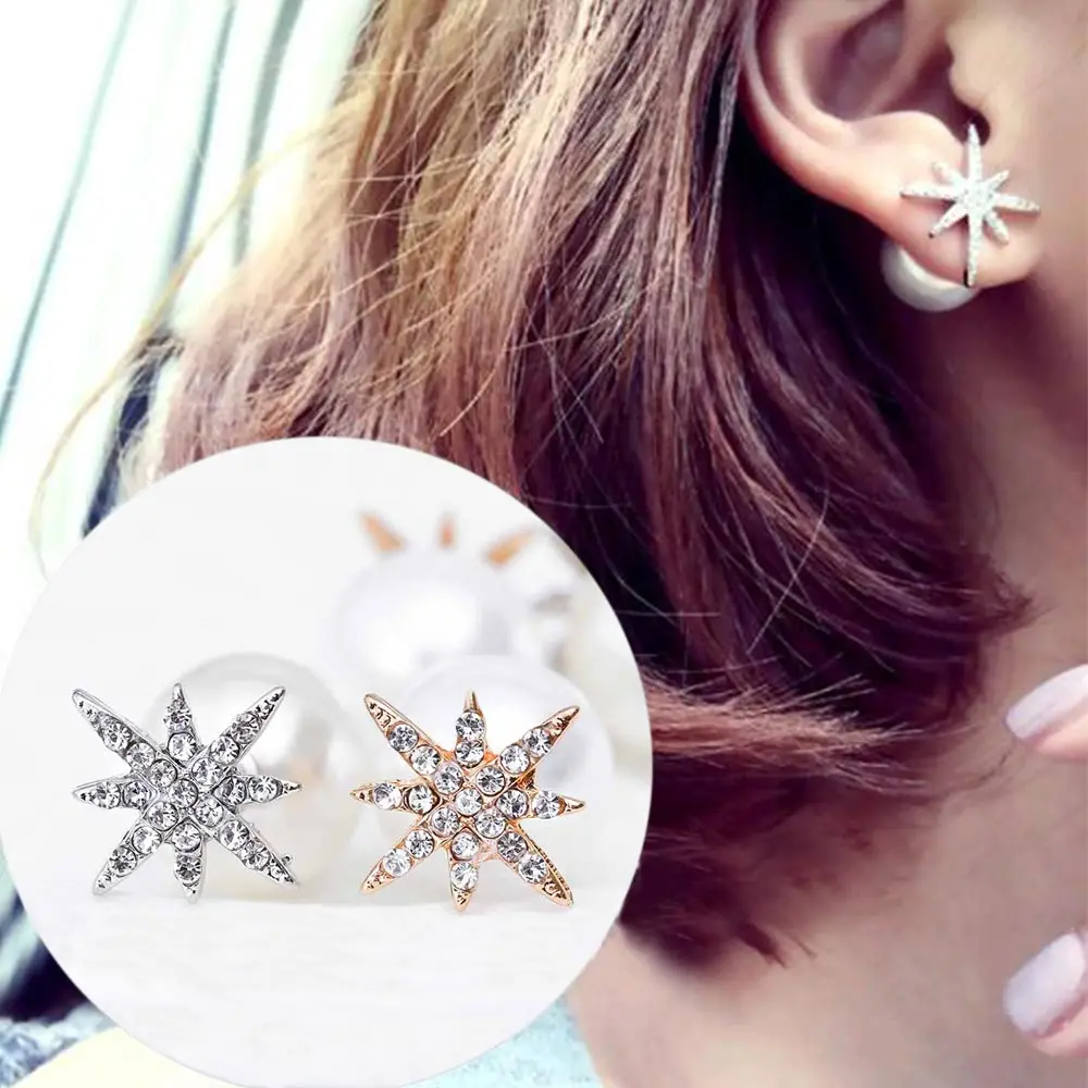 2016 Hot Sale Rhinestone Snowflake Imitation Pearl Double Sided Stud Earrings Fashion Fine Metal Geometry Star Removable Earring | Украшения