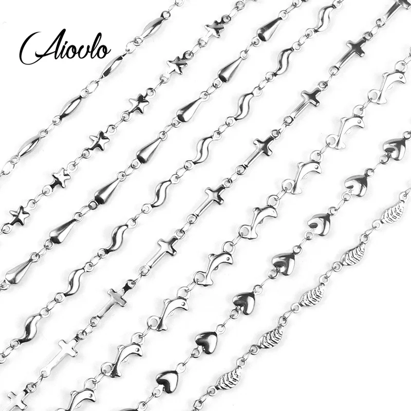 Aiovlo 1M/lot Stainless Steel Link Dolphin Heart Shape Leaf  Chains Necklaces DIY Jewelry Cuban Chains Suit Wholesale Bulk Sale