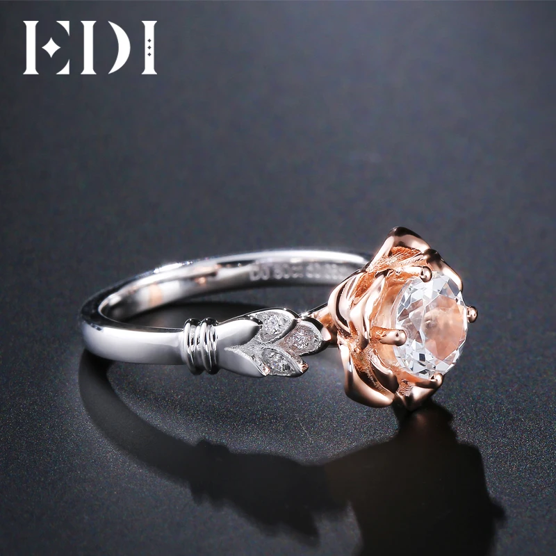 EDI Роскошный цветок Круглый Муассанит (D F VVS1) кольца 14K розовое Белое Золото