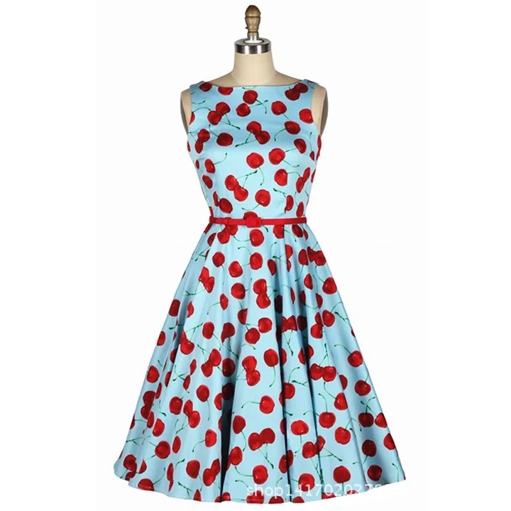 Новая мода 2018 платье Для женщин Винтаж вишня с принтом рукавов плиссированные