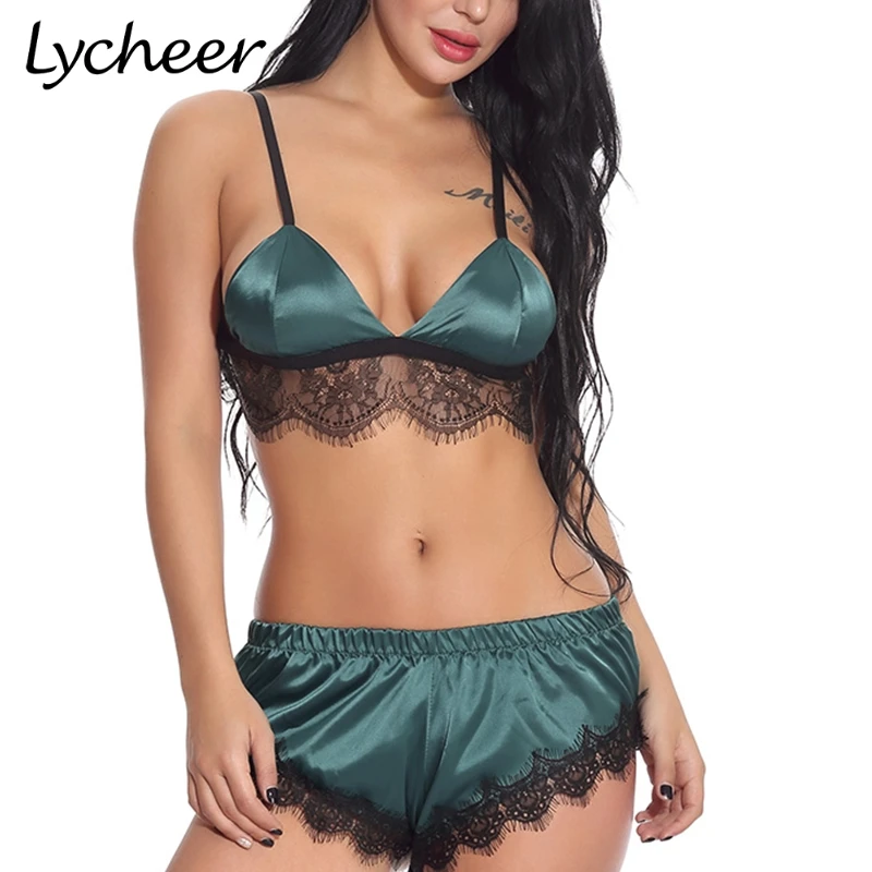 Lycheer Большие размеры Сексуальная атласная Женская пижама с кружевом женские