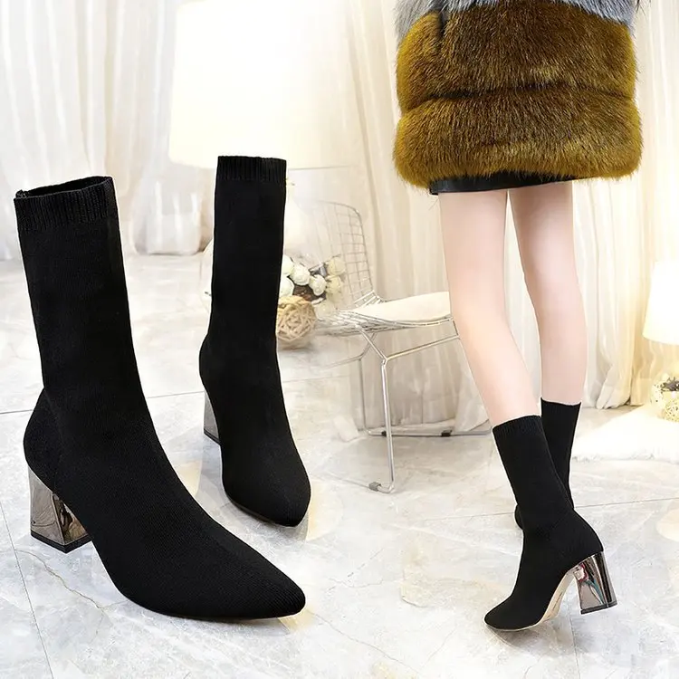 

2019 autumn new pointed Martin boots thick with high-heeled women's boots stovepipe black wool tube elastic boots