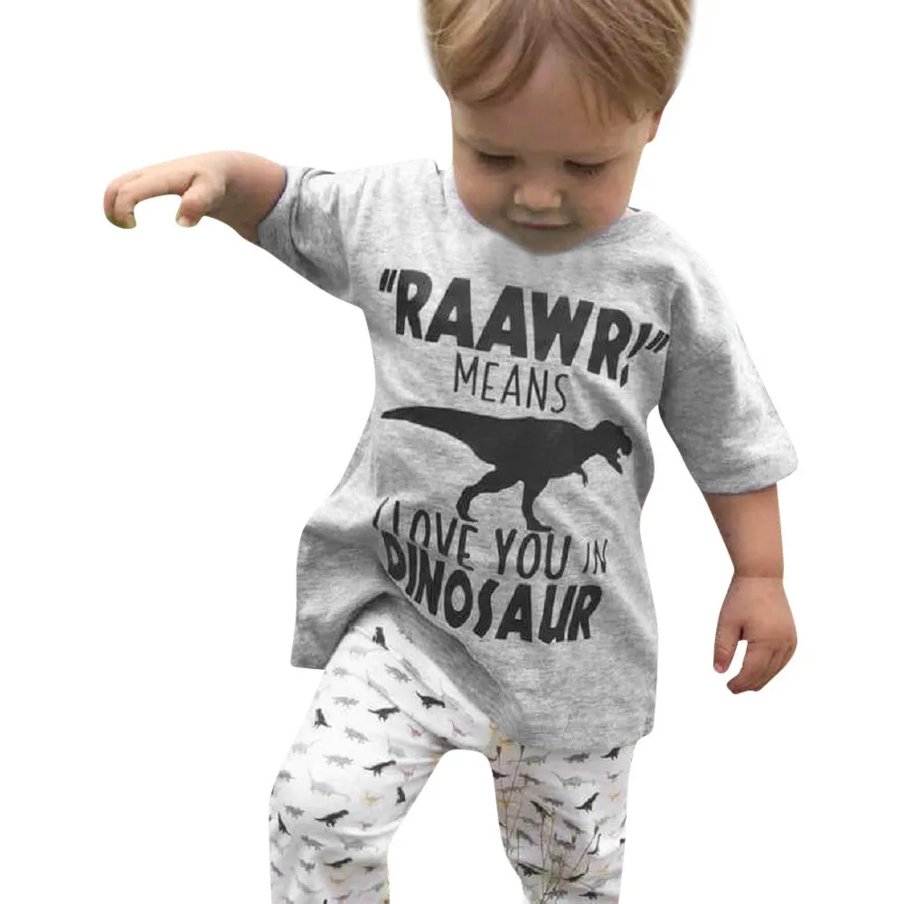 Дети для маленьких мальчиков письмо футболка Топы Брюки с динозаврами детская