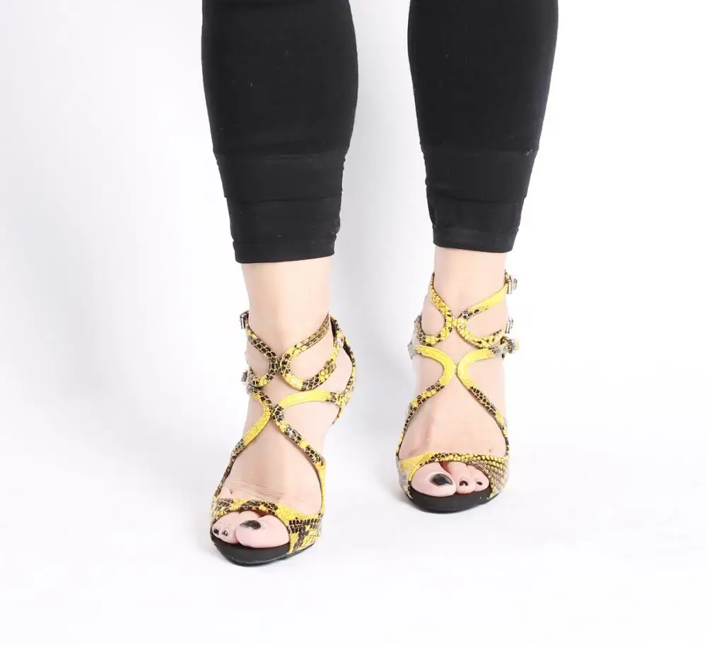 

Tango-dance-shoes Three buckle decorated Woman Tango Shoes Yellow Snake Print Style Dance Shoes