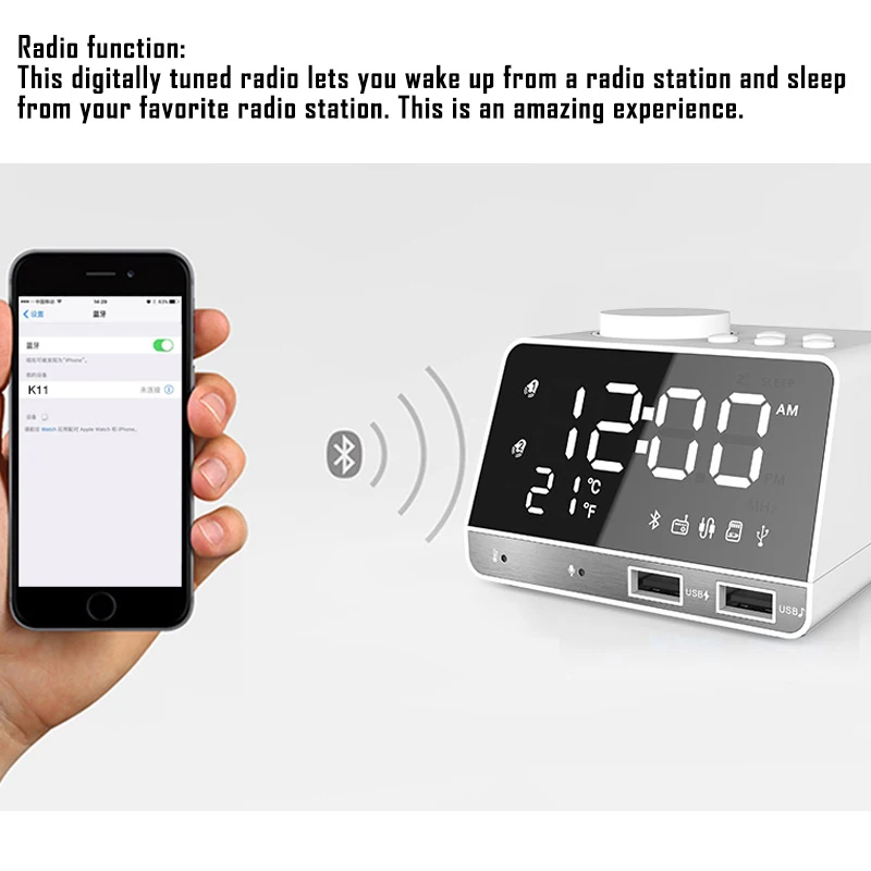 Цифровой Будильник Bluetooth динамик двойной usb порты светодиодный температурный