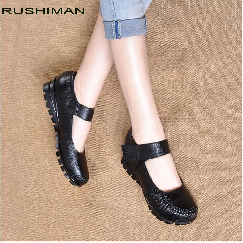 

RUSHIMAN Genuine Leather Shoes 2018 Autumn Comfortable Round Toe Ankle Strap Casual Women Flat Shoes cowhide shoes