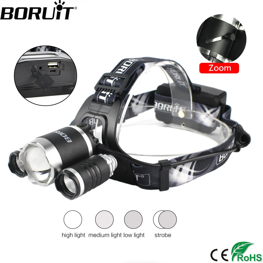 BORUiT XM-L2 светодиодный налобный фонарь с 4 режимами, масштабируемый Головной фонарь с зарядным устройством, фонарик с функцией памяти, аккумулятор 18650