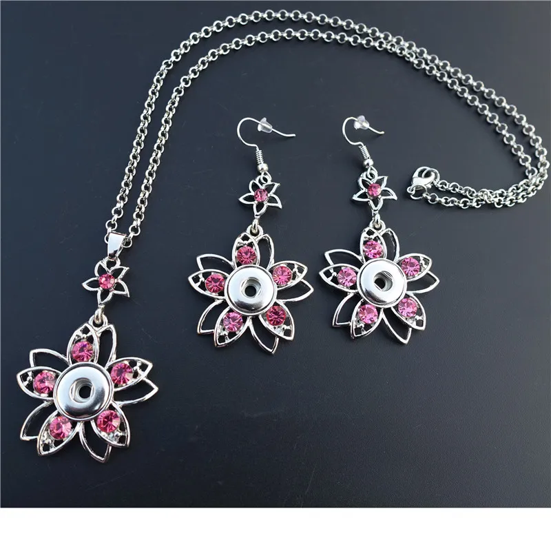 

12 Sets Rose Pink Flower Necklace Earrings Jewelry Set Handmade Pave Rhinestone Petals Pendant Petite 12mm Snap Buttons Base