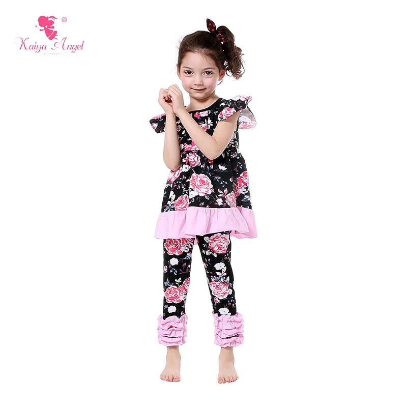 

2017 Summer Children Clothing Black Pink Floral Baby Girl Clothes Kids Fashion Outfits Girl 2PCS Set Girls Boutique Outfit