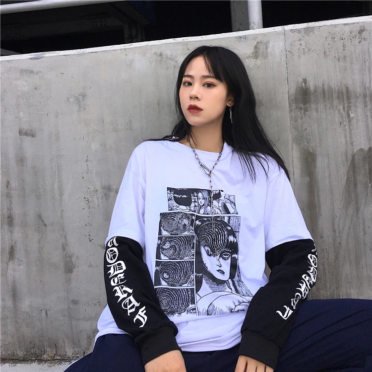 Funeral dark new ulzzang Harajuku BF хип-хоп поддельные две части Мода Harajuku свободный большой размер женский осенний мультфильм толстовка
