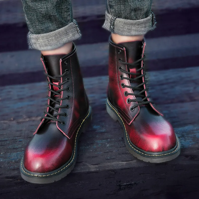 PINSV Motorcycle Boots Men Work Shoes Ankle Leather Boots Men Military Boots Red Plus Size 38-47 Sapato Masculino