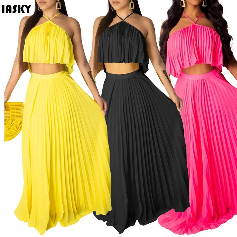 

IASKY 2019 2PCS/SET candy color chiffon beach cover ups dress sexy women pleated top+ long skirts bikini bathing suit cover up