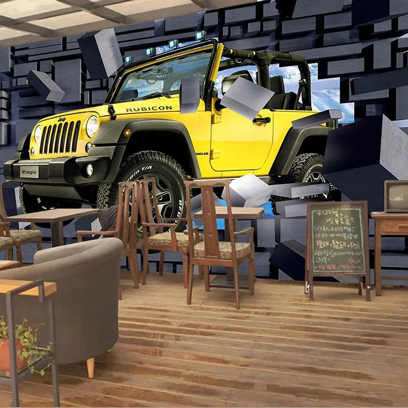 Пользовательские обои 3D мультфильм Jeep Car сломанная стена Fresco ресторан кафе