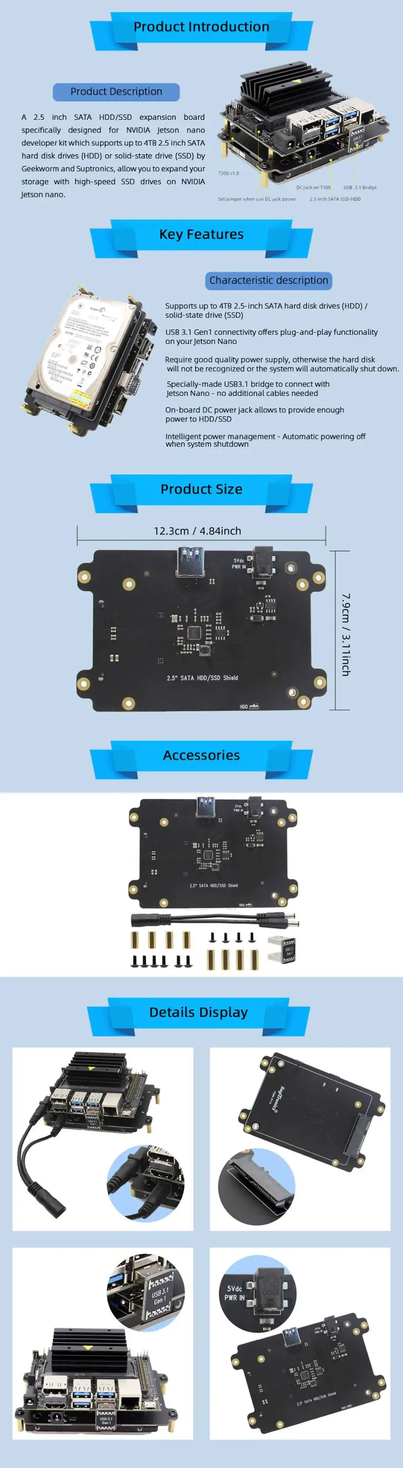NVIDIA Jetson Nano 2,5 дюймов SATA SSD/HDD Shield Storage Плата расширения USB 3,1 T300 V1.0 для NVIDIA Jetson Nano Developer Kit