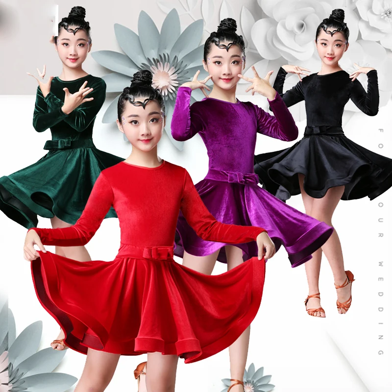 

4 Colors Dress Dance Latin For Girls Children Long-Sleeved Velvet Competition Dresses Salsa Ballroom Performance Outfit