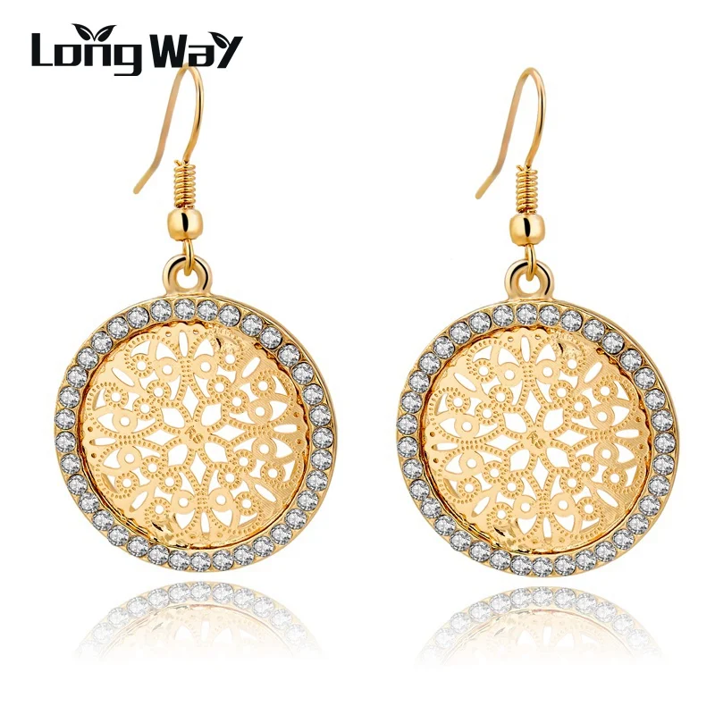 

LongWay Pendientes Austrian Crystal Flower Big Earrings For Women Fashion Gold Color Drop Earrings Wedding Jewelry SER150068