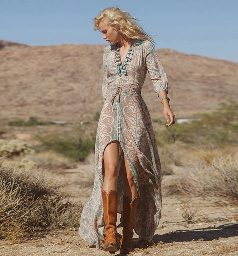 Boho летние женские макси длинное платье с v-образным вырезом Цветочные Сплит