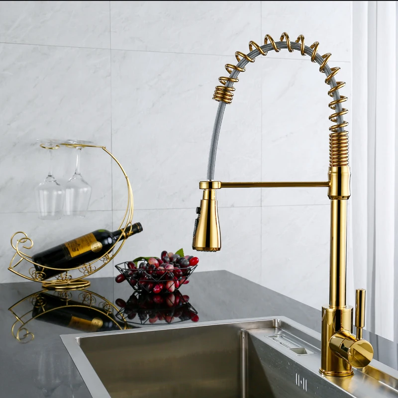 OLMEY Luxury Golden Spring Kitchen Faucets with Dual Functions Pull Down Spray Head Single Lever Sink Taps Mixer 11010-C1 | Обустройство