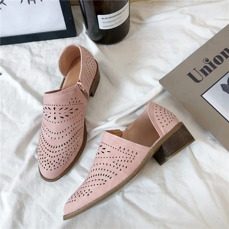 Women Pumps Side Hollow Square Low Heel Woman shoes Boat Shoes Retro Vintage out Slip On women Casual female | Обувь