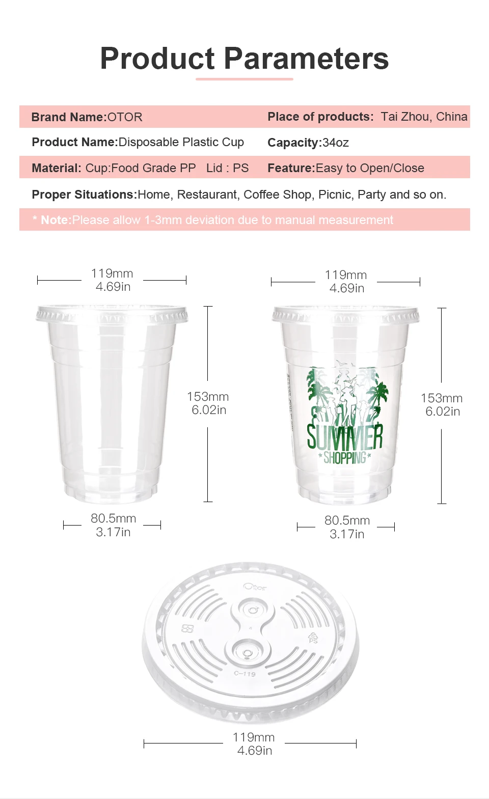 OTOR 20pcs 34oz прозрачные пластиковые чашки молочные коктейли для напитков стаканы для сока с двойной крышкой отверстия одноразовые стаканы на вынос вечерние поставки