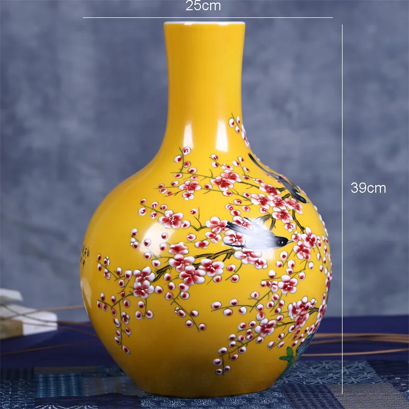 Большая керамическая ваза Цзиндэчжэнь ручная роспись желтой глазурью