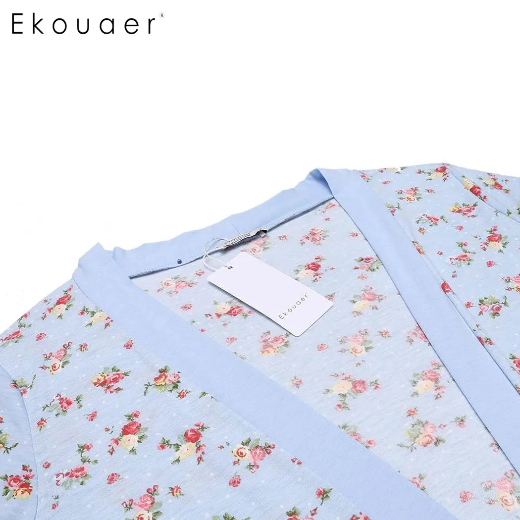 Ekouaer 2 предмета цветочный принт халат комплект Хлопковая пижама женская с длинным рукавом халат осеннее платье ночное белье пижамный комплект с поясом
