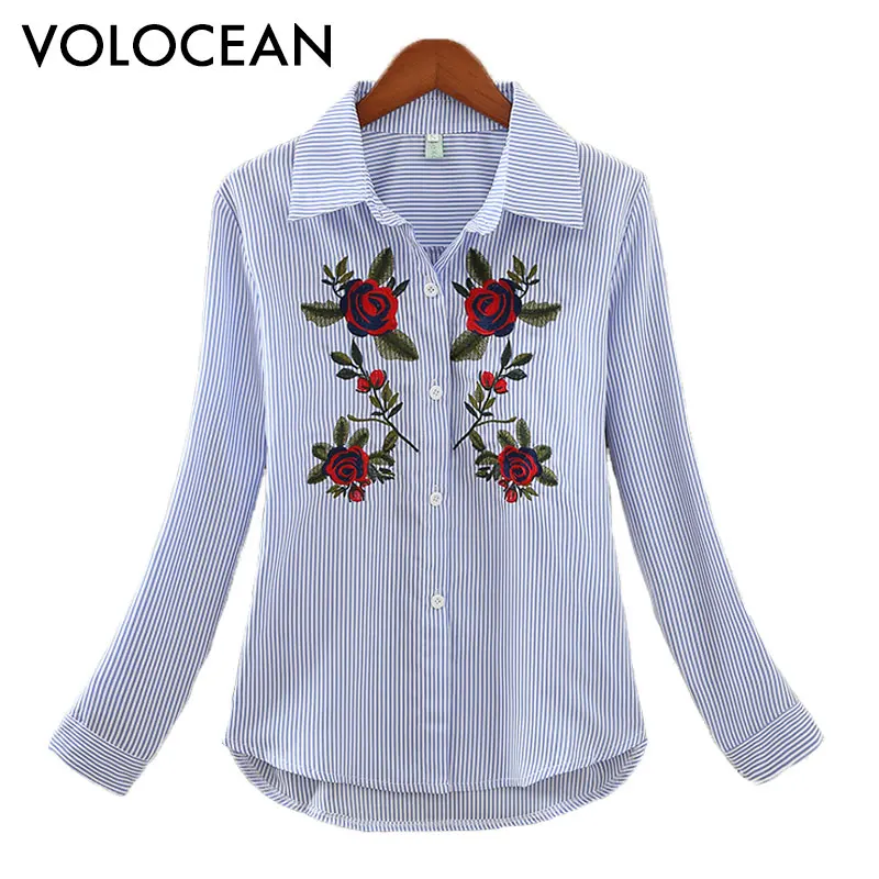 Женская полосатая блузка с буфами volокеана вышивкой на рукавах 5 цветов 2019|embroidered