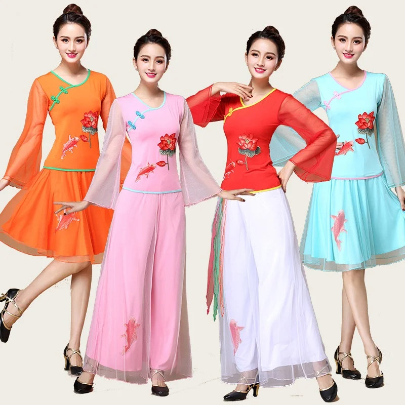 

Китайские народные танцевальные костюмы, классическая одежда для фанатов, национальная танцевальная одежда, костюм старинного национальн...