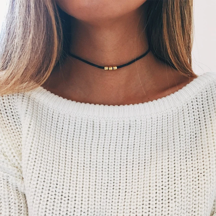 

Simple Gold Beads Black Choker Necklace For Women Chocker Necklaces Charms collar collier femme colar collane kolye bijoux