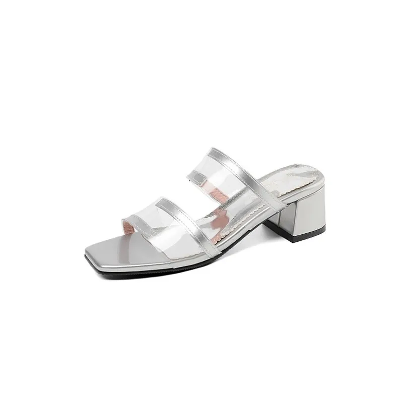 

Women Slippers Med Heels Patent Leather Peep Toe Mixed-colors Square Heel 2019 Sexy Fashion Outside Casual Summer Big Size 34-43