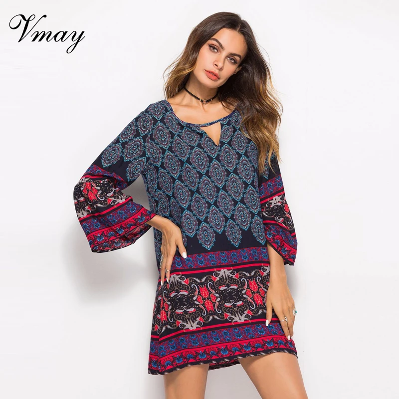 Vmay Для женщин Винтаж Boho Стиль Мини платья Новое поступление запястья рукава v