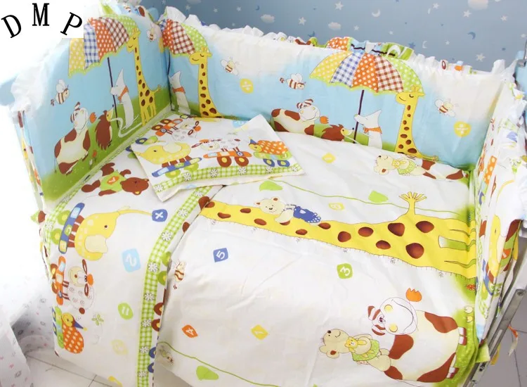 Promotion! 7pcs crib bedding set 100% cotton baby bedding piece set unpick and wash (bumper+duvet+matress+pillow)